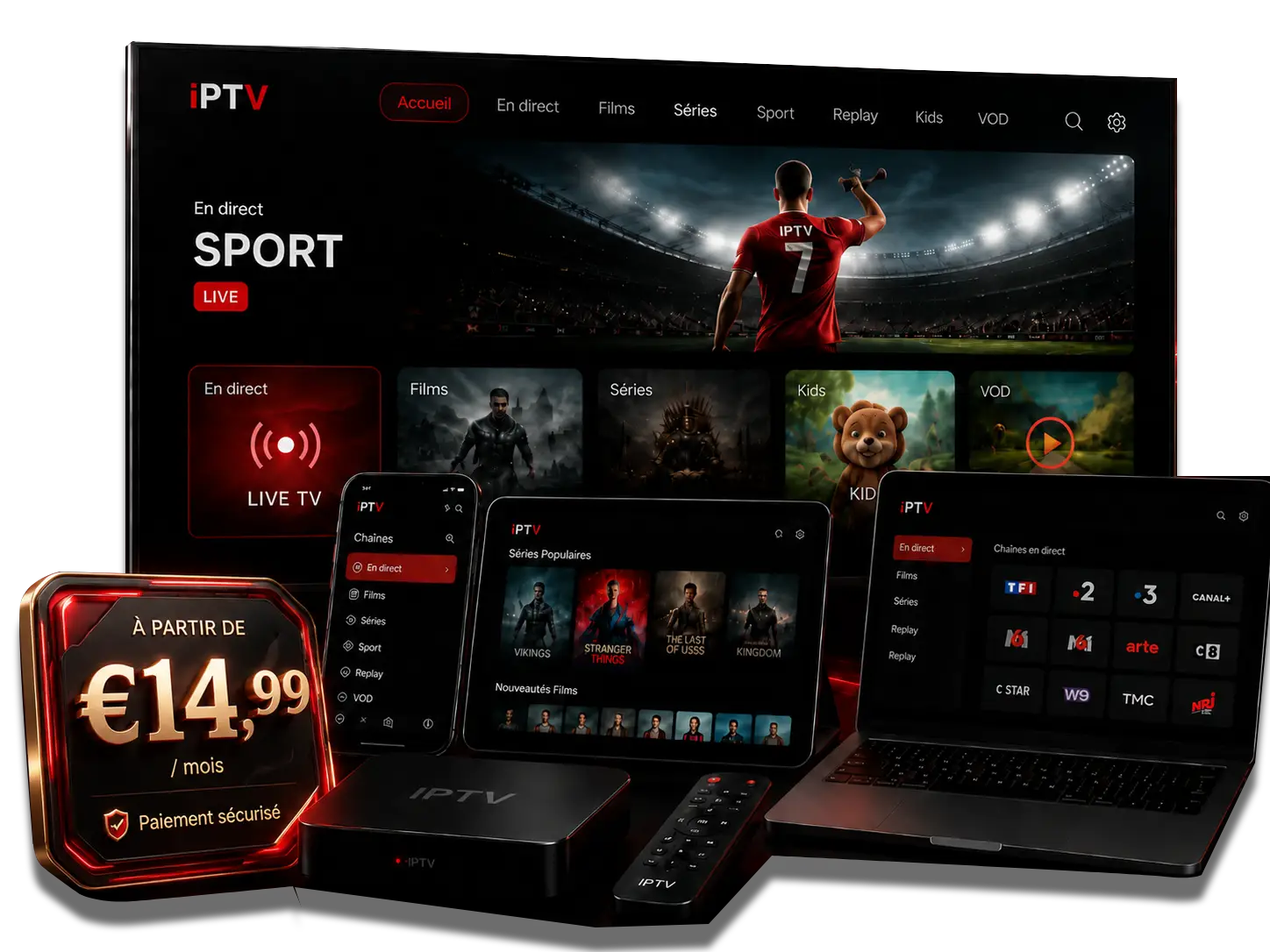 Interface IPTV Charleroi premium affichée sur TV, smartphone, tablette, box IPTV, télécommande et ordinateur portable